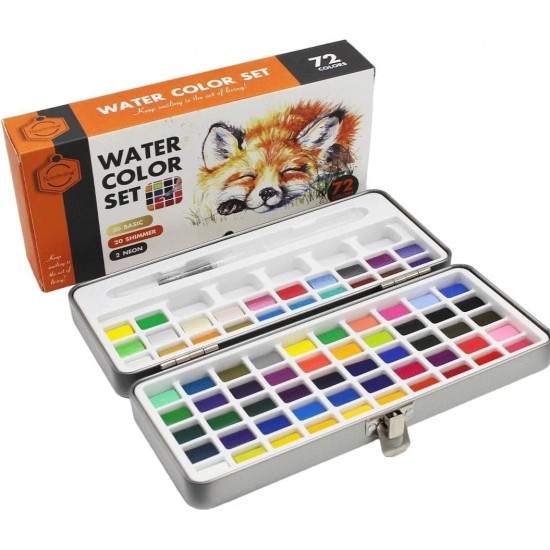 Watercolor Set of 72 Colors Solid Pigment Paints 50 Basic Colors 20 Shimmer/Metallic Colors 2 Neon Colors 1 x Water Brush 1x Portable Aluminum Case Watercolor Set of 72 Colors Solid Pigment Paints 50 Basic Colors 20 Shimmer/Metallic Colors 2 Neon Colors 1 x Water Brush 1x Portable Aluminum Case